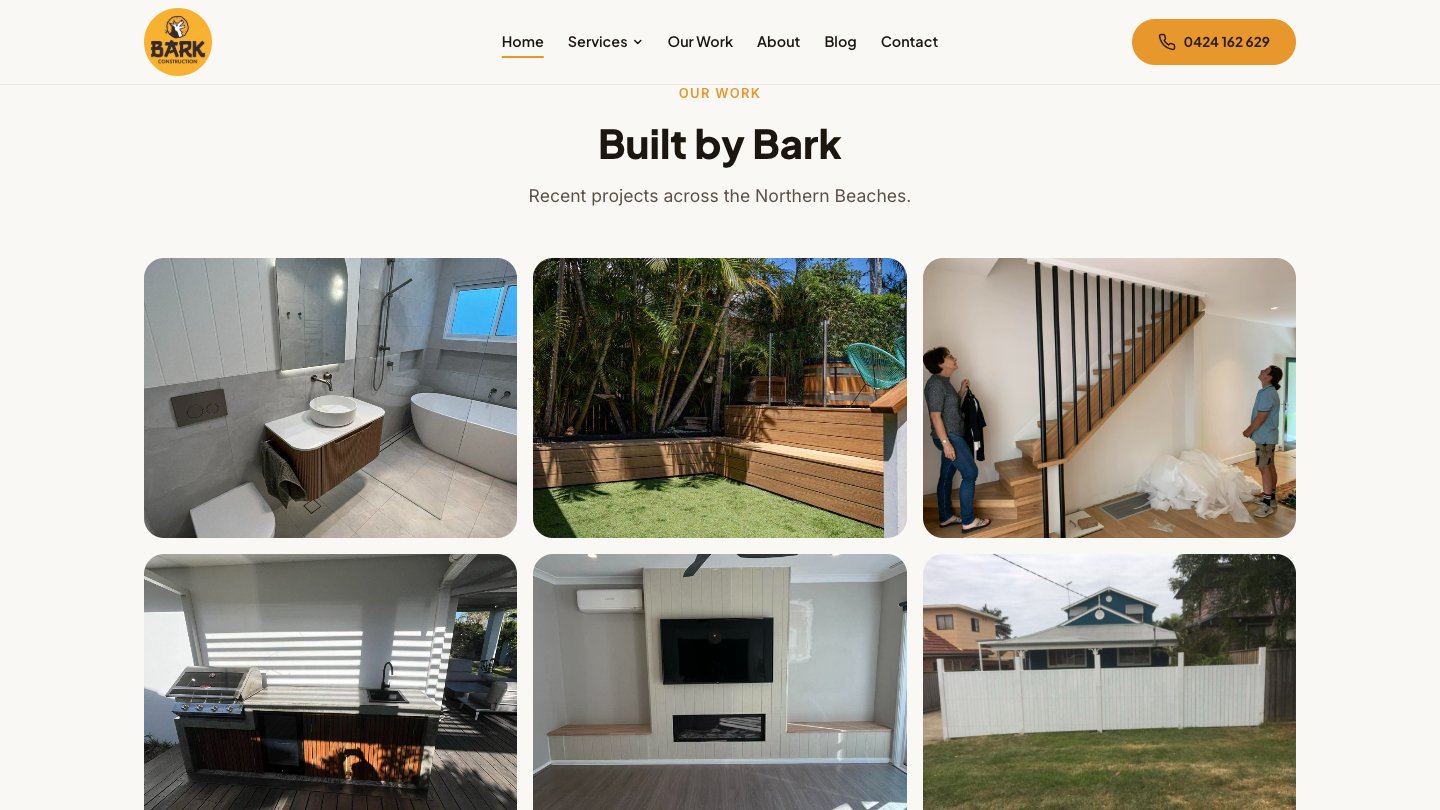 Bark Construction website portfolio gallery section, refreshed by AMACCA showing project grid layout, modern typography, and improved mobile performance for a Sydney builder