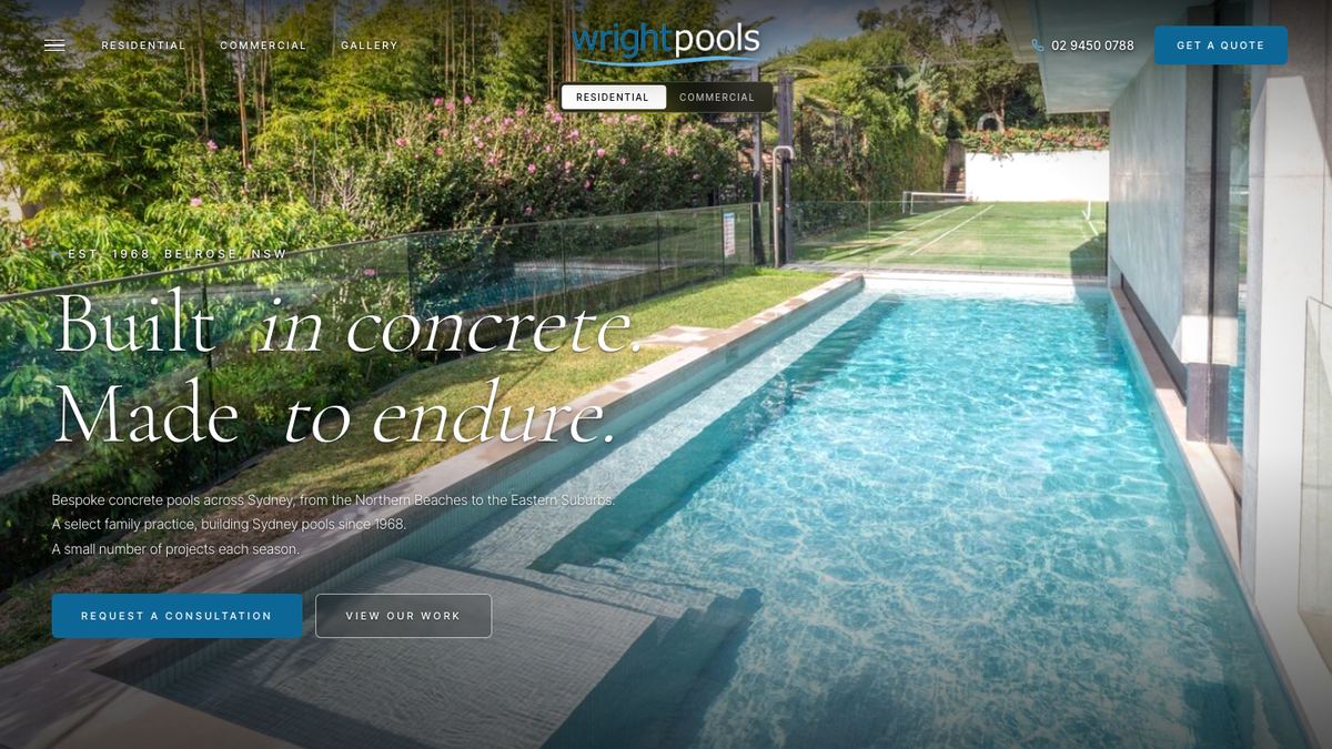 Wright Pools homepage, cinematic full-screen hero built by AMACCA for a Sydney concrete pool builder